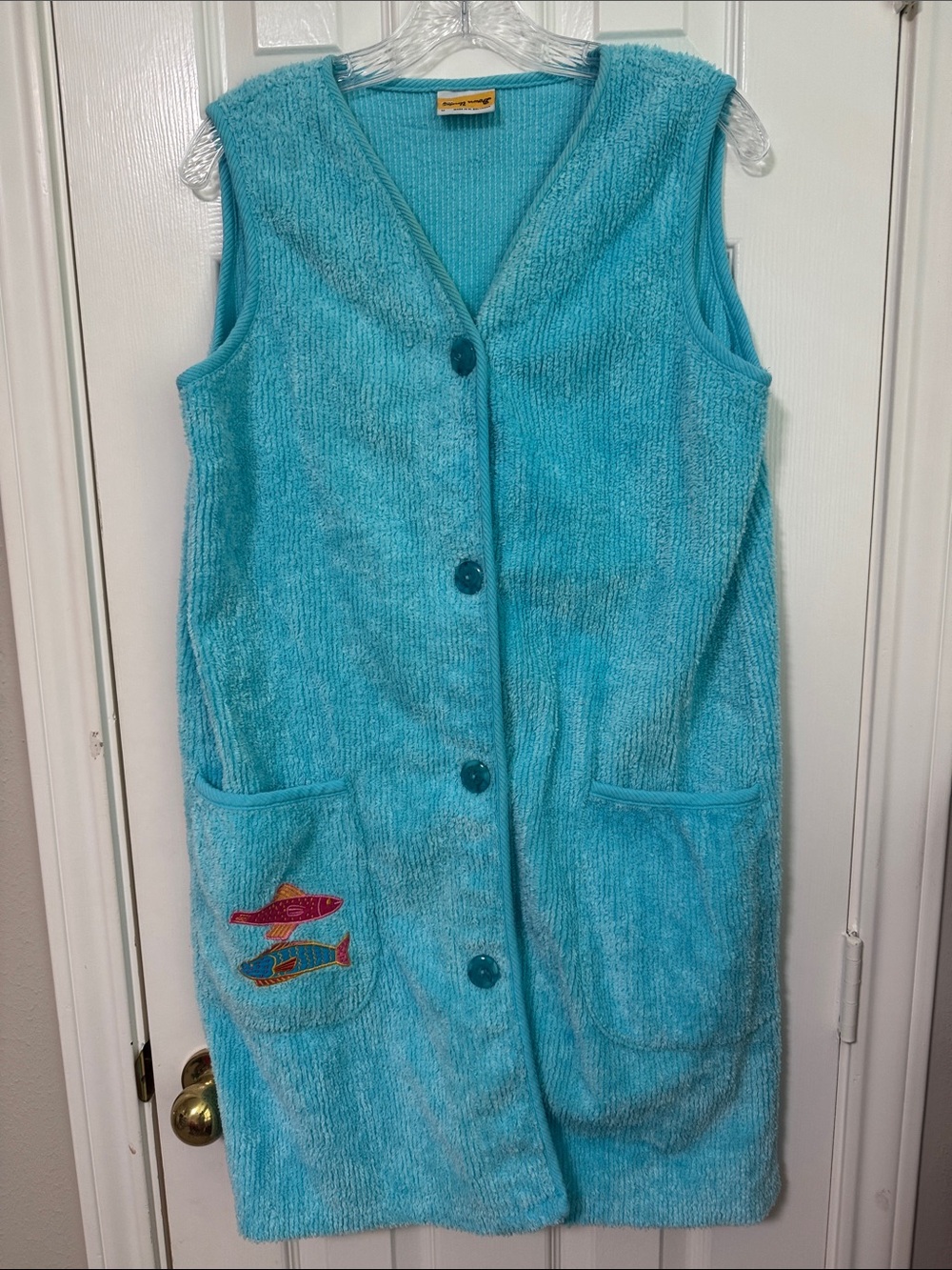 Aqua Blue Hooded Terry Swim Coverup with Fish Pocket Embroidery